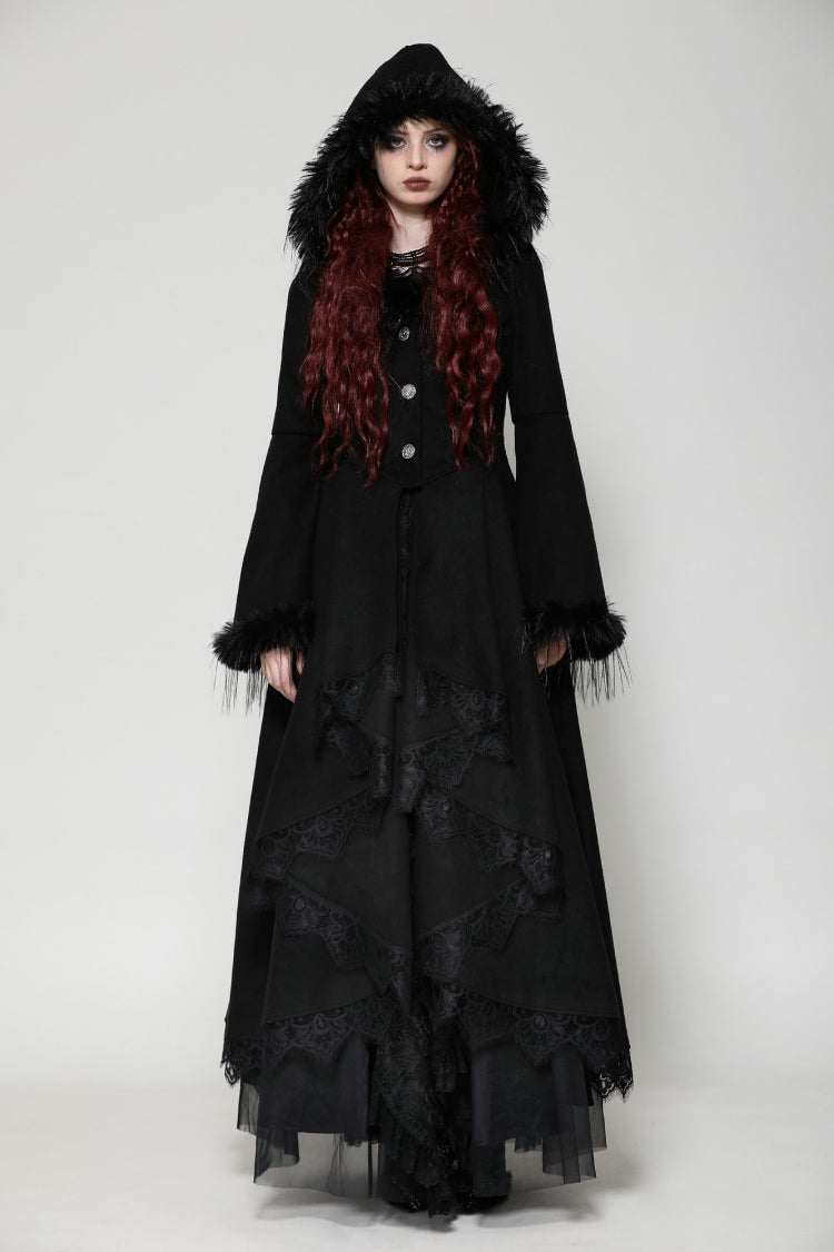Schwarzer romantischer Gothic-Mantel mit langen Glockenärmeln und Spitzenknöpfen für Damen mit Kapuze