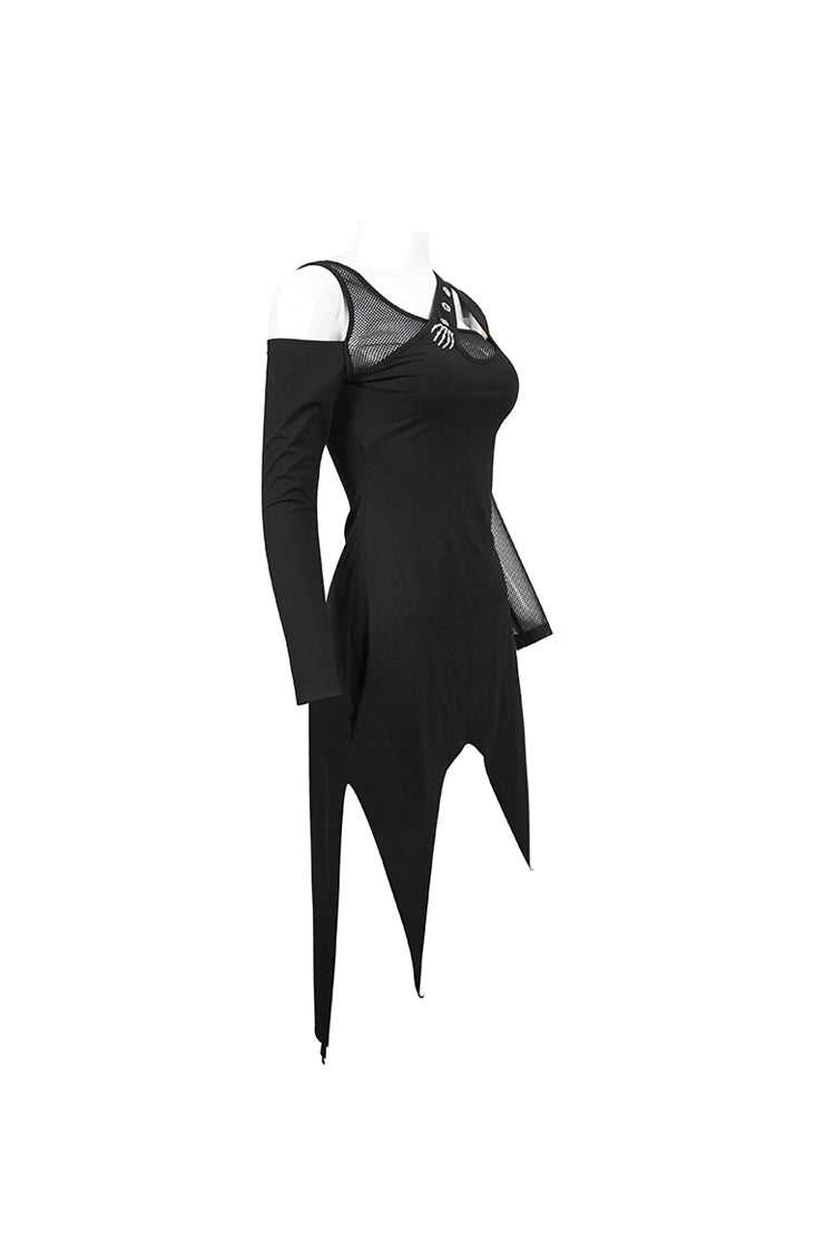 Black Asymmetric Distressed Design Metal Ghost Hand Buttonhole Decoration Women's Punk Dress