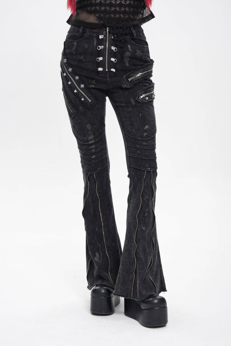 Black Zipper Pleated Women's Punk Flared Pants