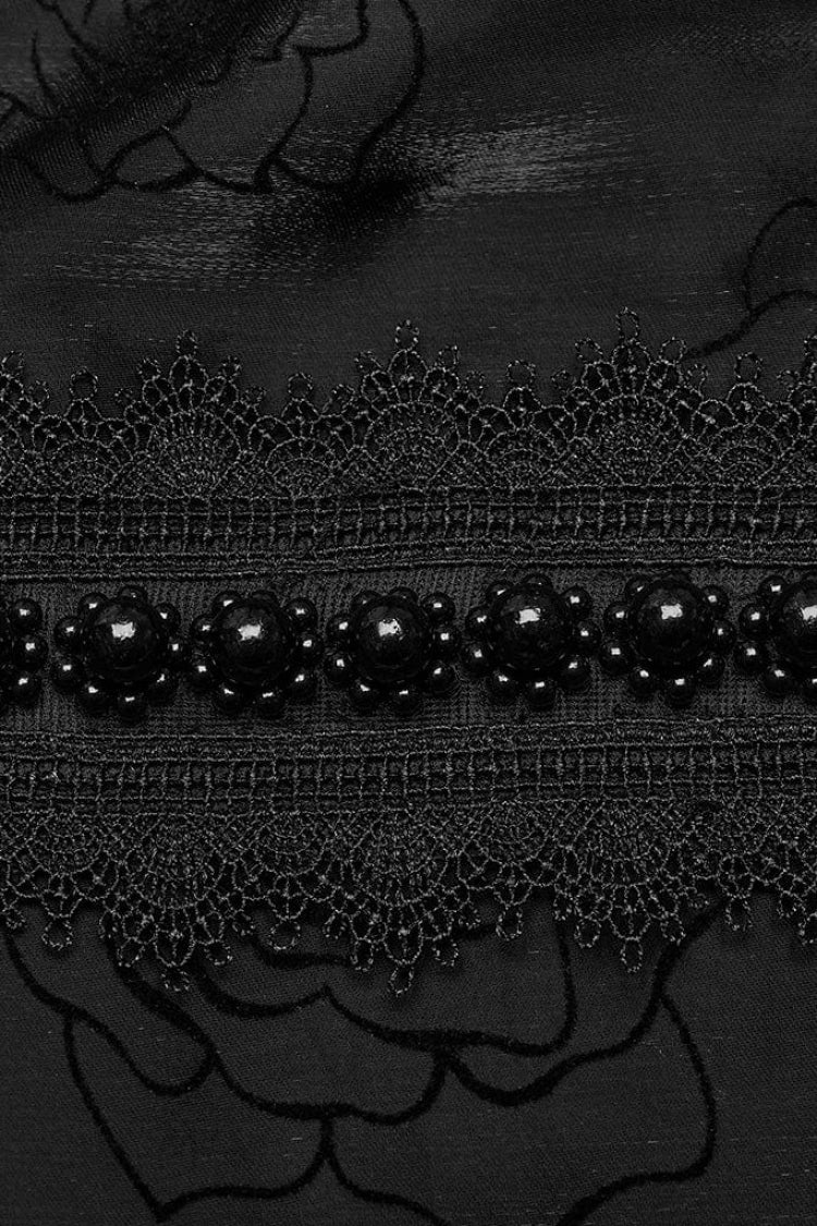 Schwarze Gothic-Bluse mit Stehkragen, langen Laternenärmeln, Rosendruck und Hakenknopf für Damen