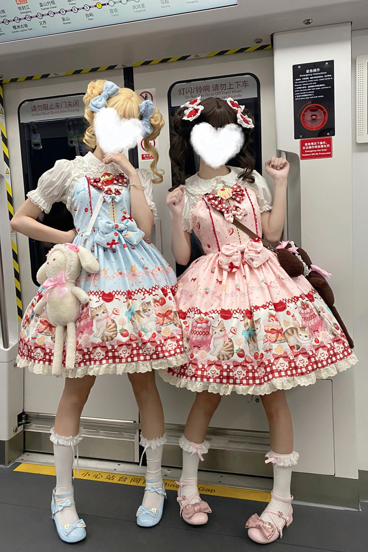 【ストロベリーケーキキティ】ノースリーブプリントボウレーススイートロリータストラップドレス3色