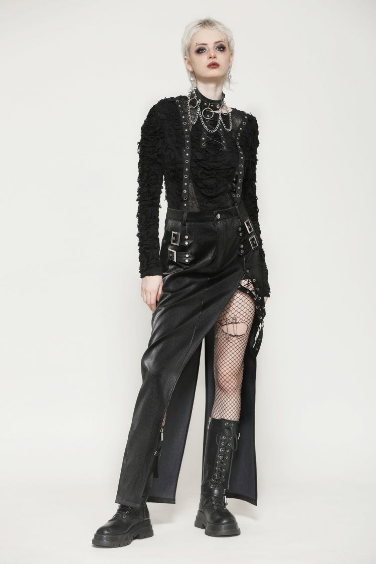 Jupe punk en cuir noir à ourlet irrégulier avec fente latérale et boucle pour femme