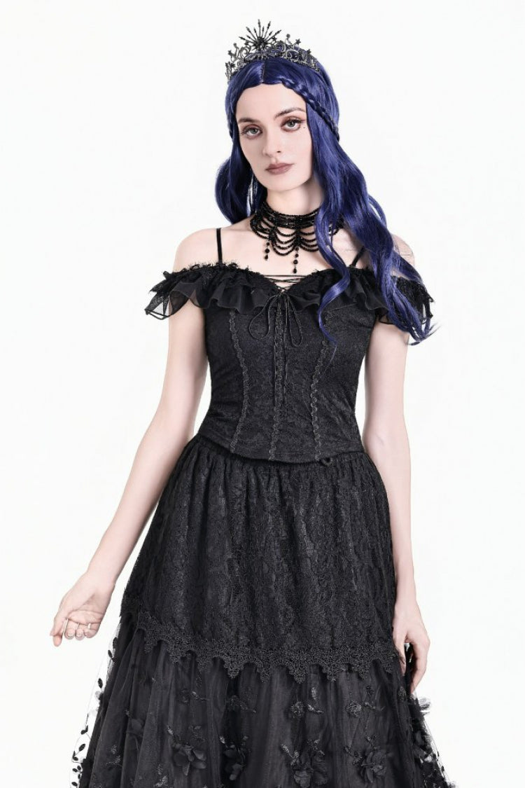 Black Off Shoulder Sleeveless Corset Waist Lace-Up Ruffled Lace Women's Gothic Corset Top
