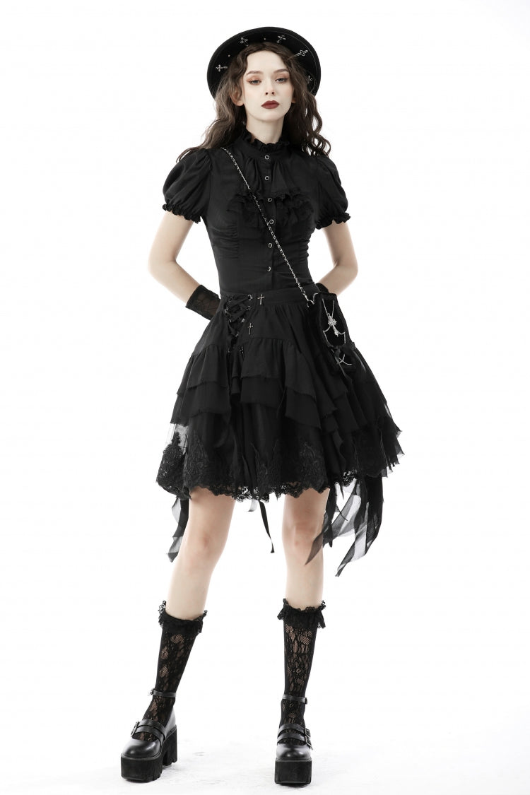 Black Ruffled Stand Collar Lace Jabot Short Puff Sleeves Front Button‑Up Lace-Up Women's Gothic Blouse