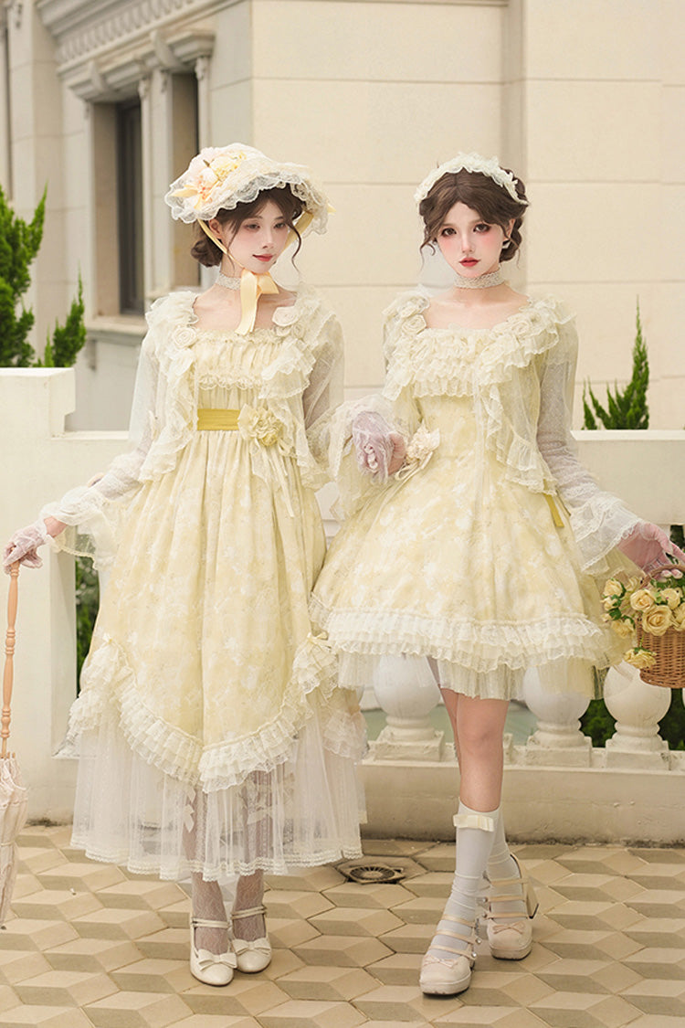 Yellow [Falling Flowers as a Message] Square Collar Flying Sleeves Print Ruffle Lace Sweet Elegant Lolita Short Dress