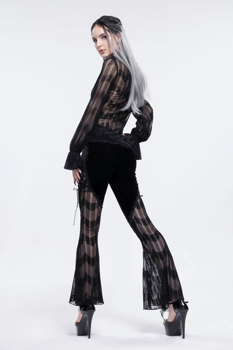 Black Striped Panel Semi Sheer Lace Up Long Women's Gothic Pants