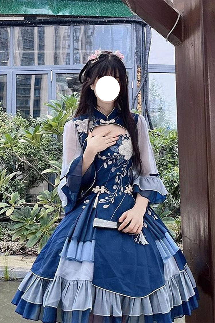 Blue Multi-layer Print Ruffle Classic Plus Size Chinese Style Princess Lolita Jsk Dress
