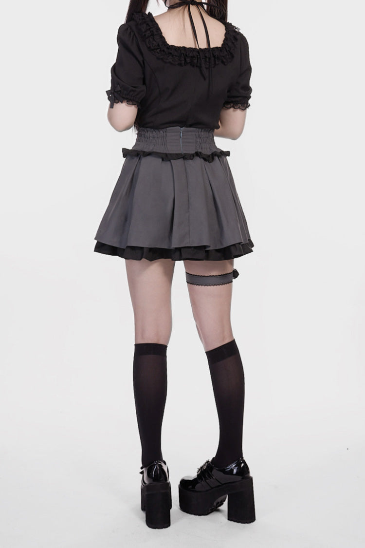 Grey/Black Leather Buckle Leg Ring Double-Layered Ruffle Sweet Jirai Kei Japanese Skirt