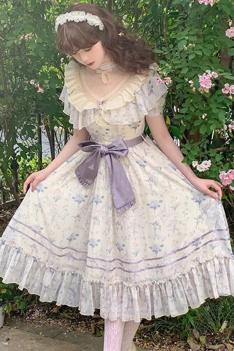 Violet [mur de fleurs d'été] manches courtes imprimé nœud à volants en dentelle robe Lolita douce et élégante avec buste rembourré