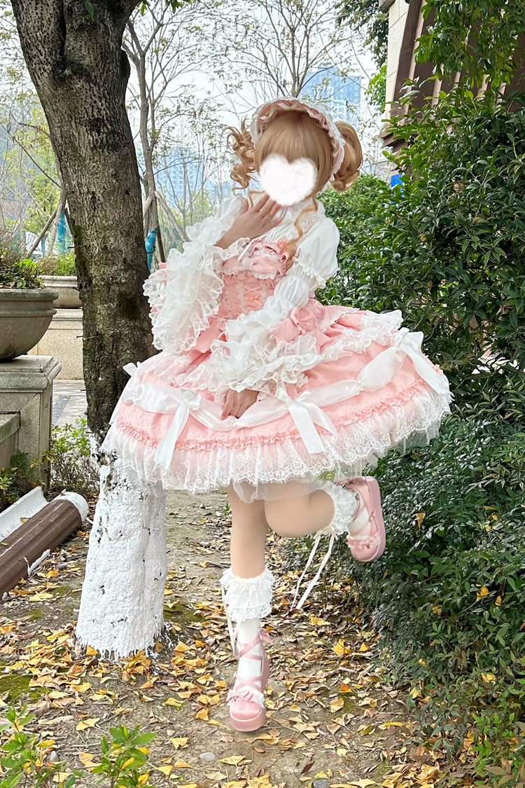 Pink Sleeveless Multi-Layered Ruffle Bowknot Lace Sweet Plus Size Lolita Jsk Dress