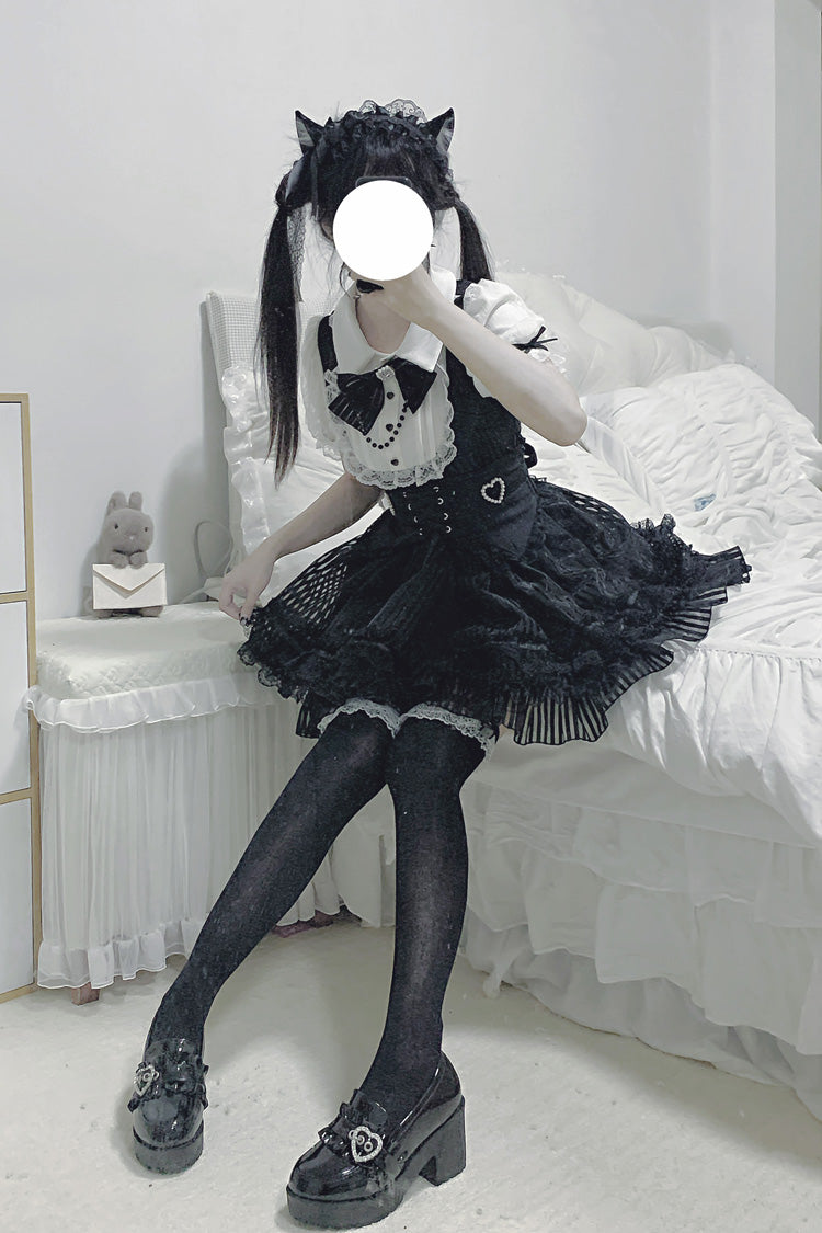 Black/White [Dream Night Song] Short Sleeves Stripe Print Bowknot Lace Gothic Jirai Kei Dress
