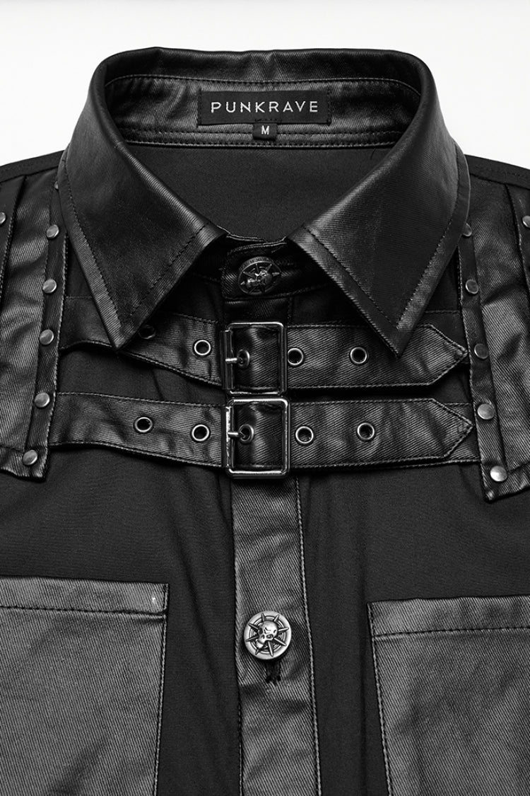 Schwarze Reverskragen Langarm Kunstleder Naht Schnalle Herren Punk Bluse 