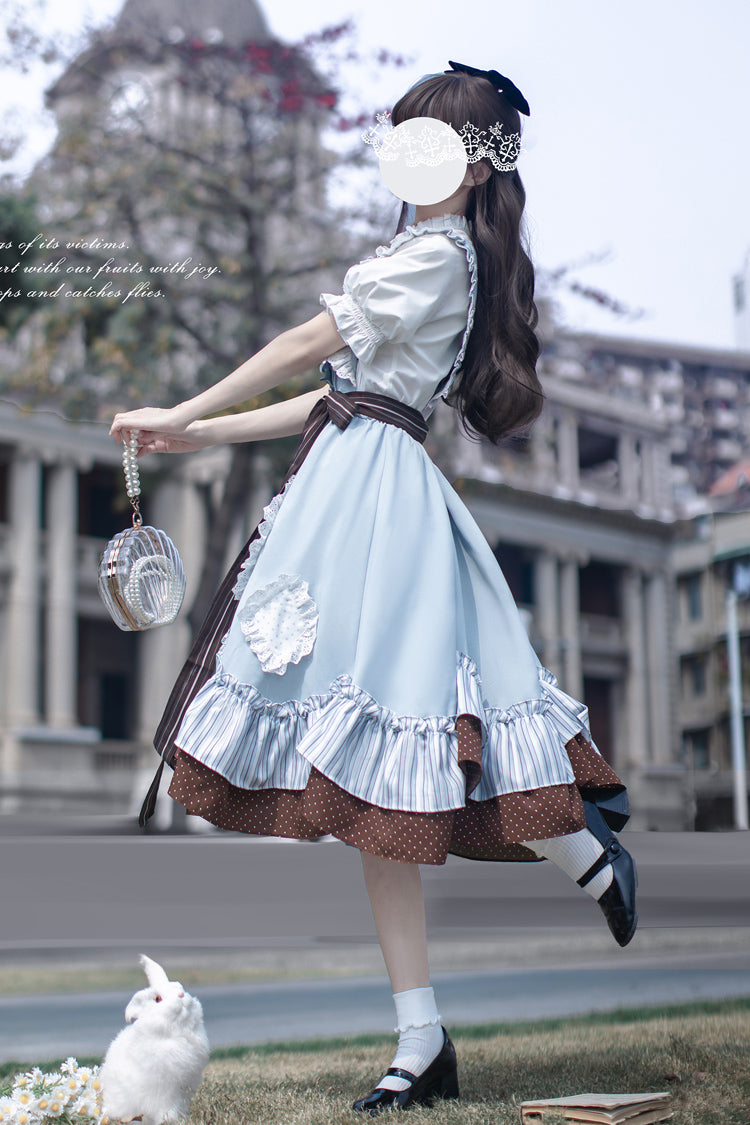 Blue [Magic Vocal Club] Sleeveless Print Ruffle Bowknot Sweet Alice College Style Elegant Lolita Jumper Dress