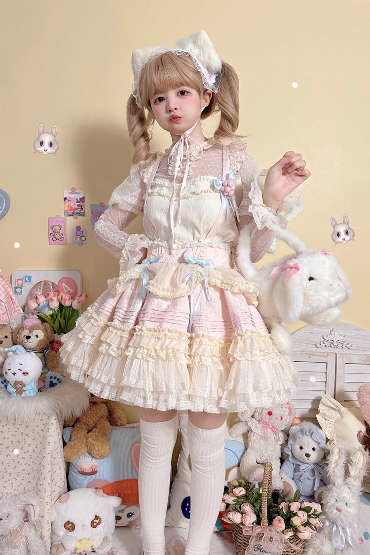 [Grape Crunchies] Sleeveless Multi-Layered Ruffled Bow Lace Sweet Lolita Strap Dress 2 Colors