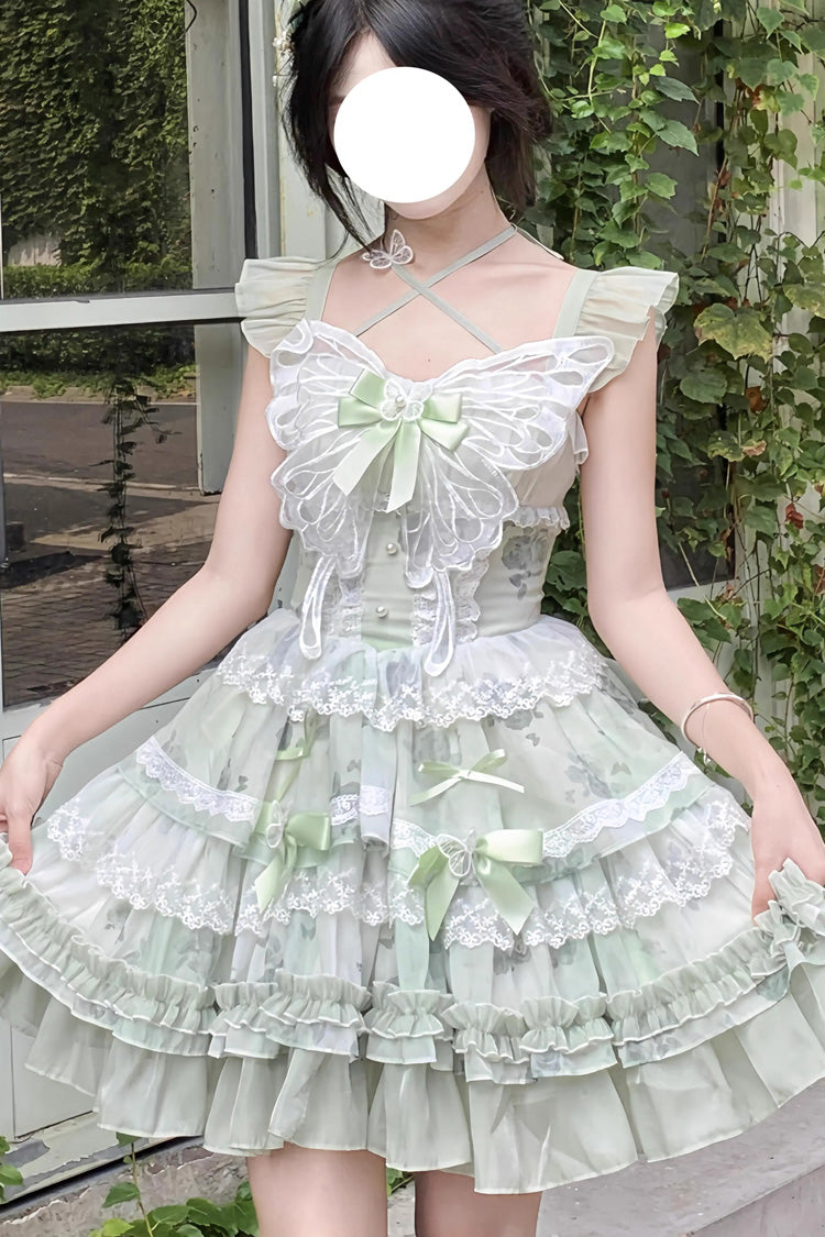 Grünes [Versprechen der blühenden Jahreszeit] Print Rüschen Schleife Spitze Süßes Prinzessin Lolita Jsk Kleid 