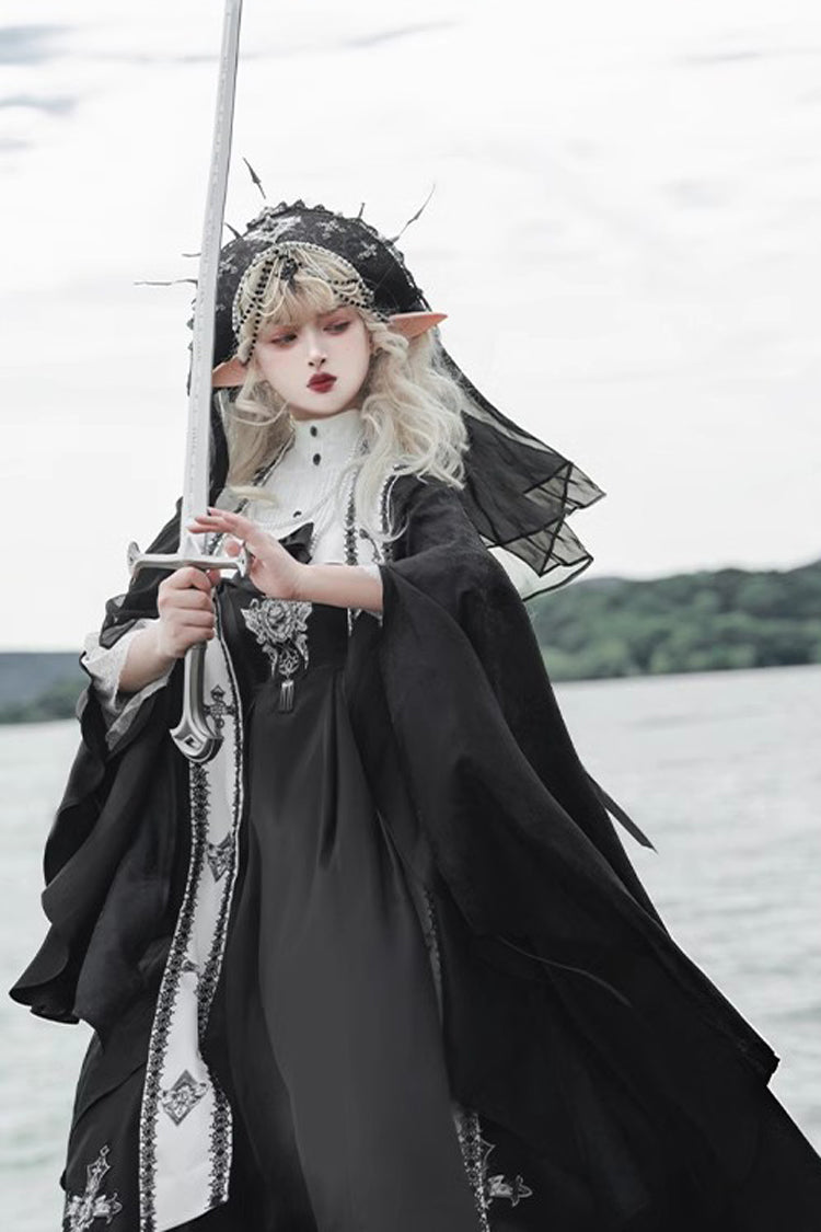 Black [Cross Nun] Stand Collar Off Shoulder Print Bowknot Gothic Elegant Lolita Dress