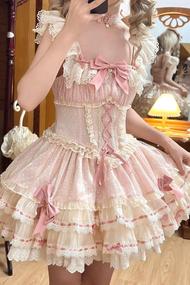 Rosa dreilagiges süßes Prinzessinnen-Ballett-Lolita-JSK-Kleid mit Schleife und Schnürung