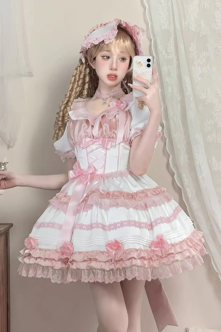 Robe Sweet Lolita en dentelle à nœud à volants à manches courtes [Glace à la pêche en couches] blanc/rose 