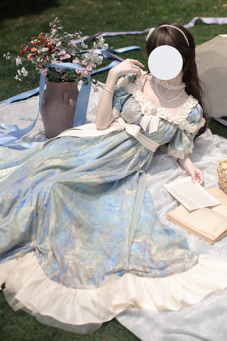 Robe Lolita Princesse Douce à Manches Courtes Imprimée avec Volants et Nœud Bleu [Peinture à l'Huile Soleil et Lune Poème] 