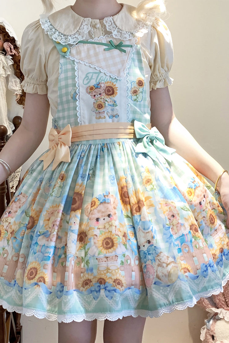 Kawaii Bears Sunflower Print Multi-Color Bowknot Sweet Lolita Strap Dress