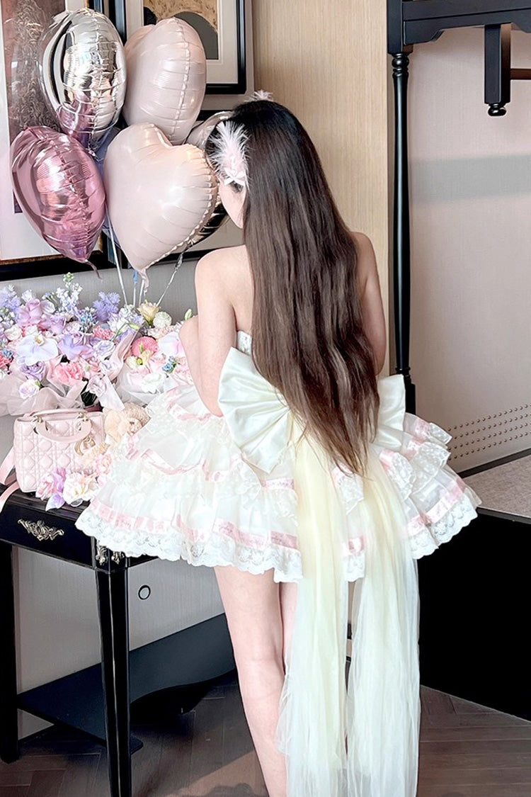 Robe Lolita Beige [Ballet Dream] à col licou avec volants à trois couches, nœud papillon et laçage, style princesse douce 