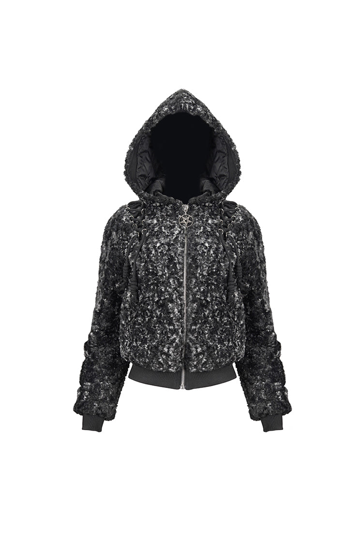 Black/White Two Tone Woolen Grain Fleece Metal Five Pointed Star Zipper Women's Punk Coat