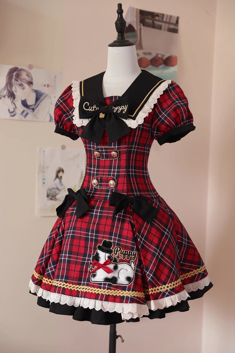 Red [Dalmatian] Short Sleeves Print Ruffle Bowknot Slim Sweet Lolita Dress