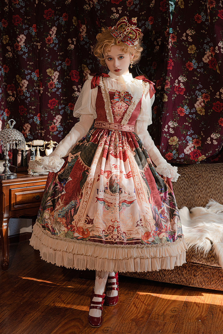 Red [Kaleidoscope of Dreams] Sleeveless Double-Layered Print Embroidery Bowknot Classic Vintage Gorgeous Lolita Jsk Dress