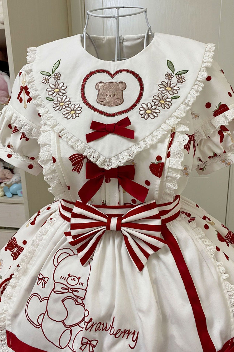 Red/White Short Sleeves Strawberry Bear Print Ruffle Bowknot Sweet Plus Size Lolita Dress