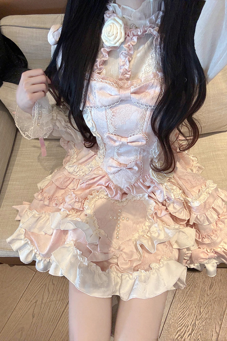 Pink [Heart of Butterfly] Halterneck Sleeveless Multi-Layered Ruffle Embroidery Princess Ballet Lolita Jsk Dress Set
