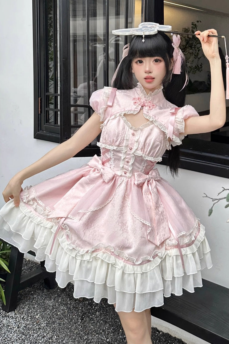 Pink [Spring Flower Notes] Ruffle Bowknot Lace Sweet Princess Lolita Jsk Dress