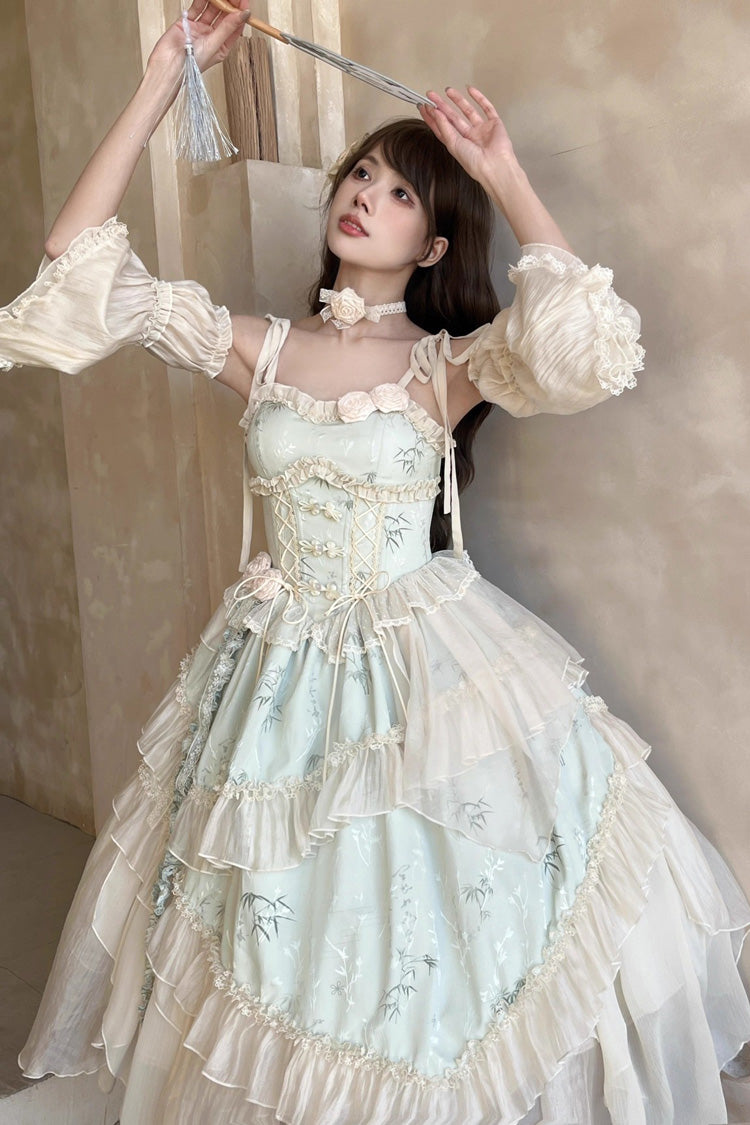Green [Tea Bamboo Song] Sleeveless Print Ruffle Bowknot Sweet Chinese Style Elegant Ballet Lolita Jsk Long Dress