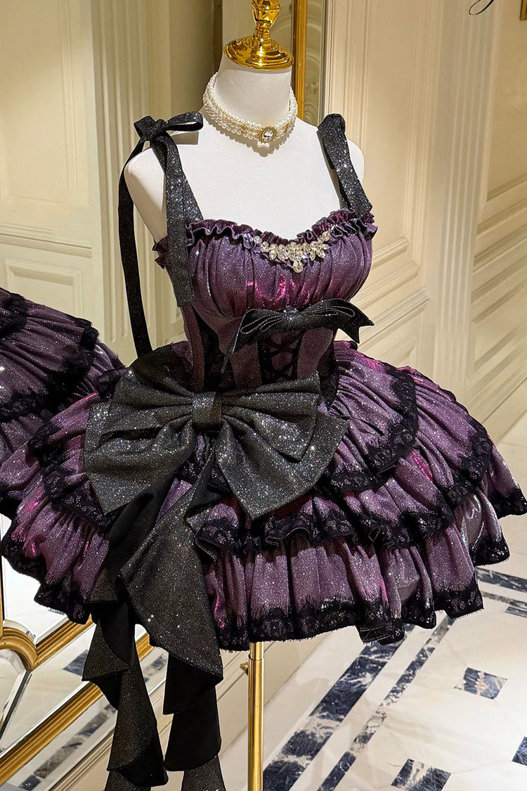 Violet [Galaxy of Fallen Tears] Robe asymétrique sans manches à paillettes avec nœud à volants triple couche et nœud à volants Sweet Lolita Jsk
