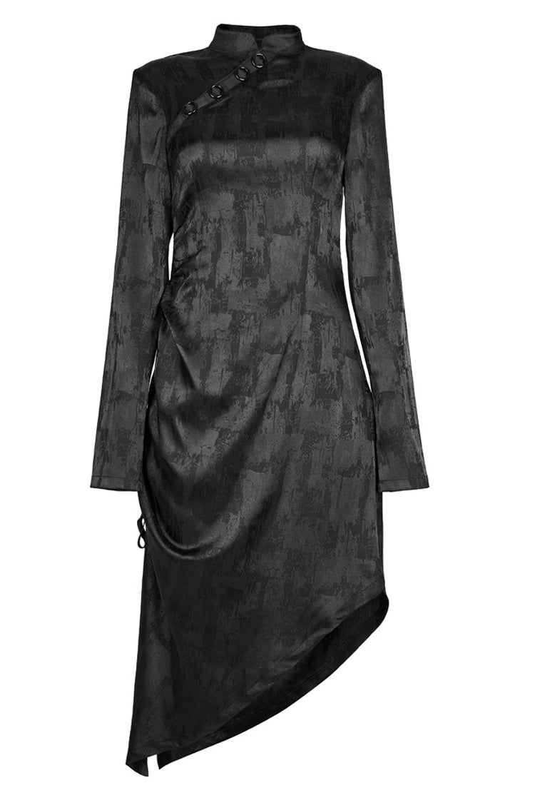 Black Jacquard Cotton Fabric Improved Cheongsam Pointed Hem Drawstring Design Cheongsam Collar Long Sleeve Long Women's Punk Dress