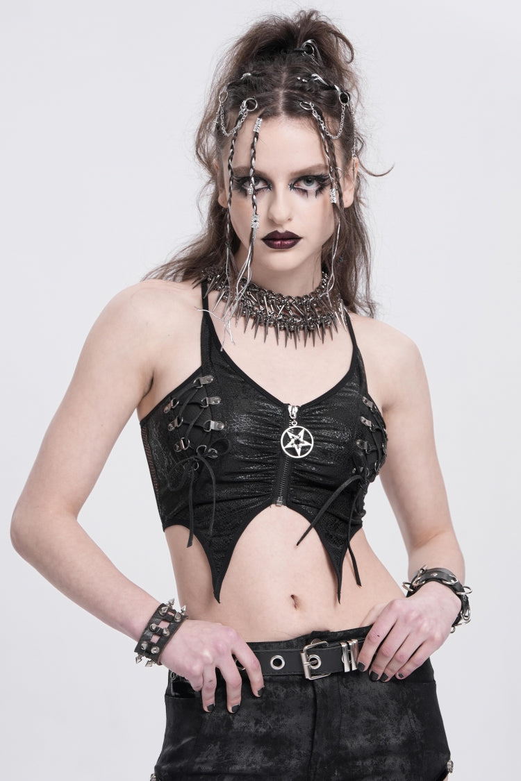 Black Sleeveless Stitching Irregular Mesh Women's Punk Tank Top