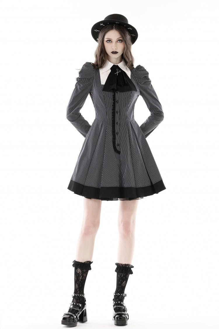 Robe gothique rayée Style Preppy pour femmes, col à revers, manches longues bouffantes, noir/blanc