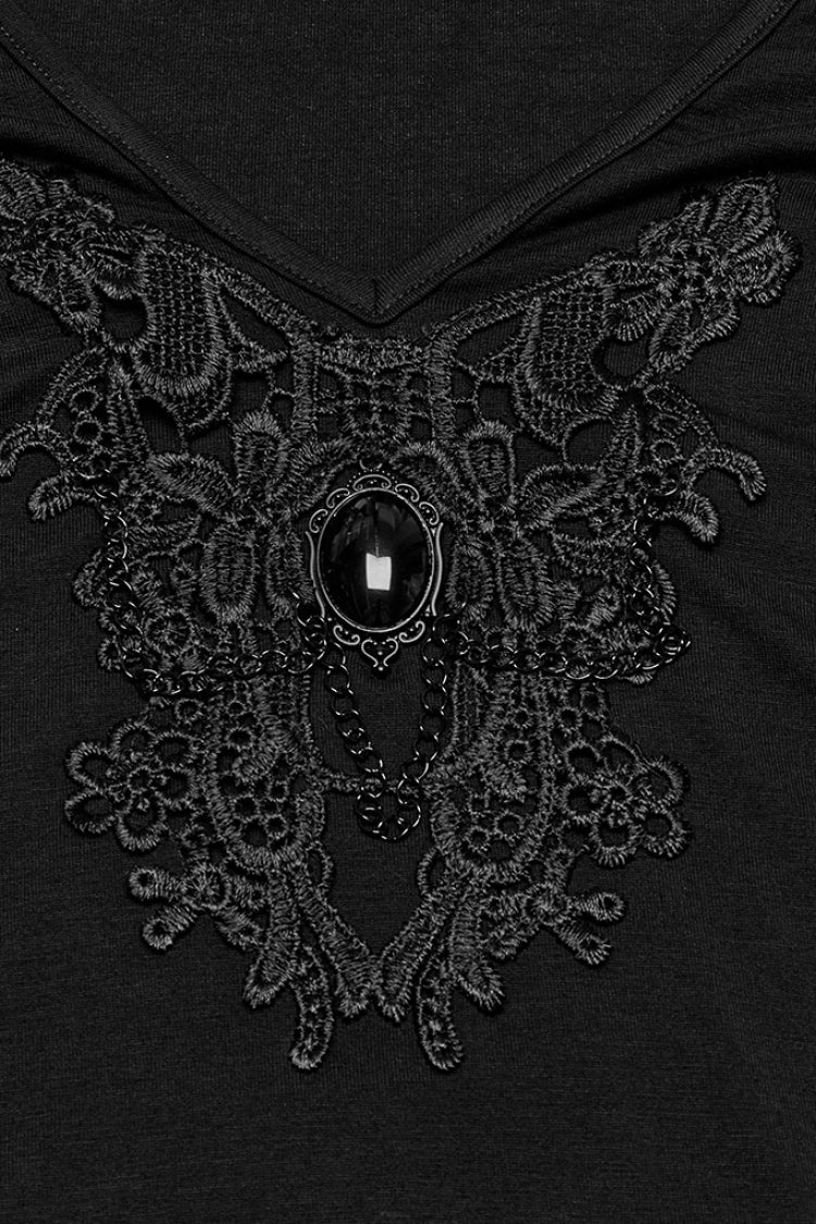 Black Short Sleeves Jacquard Floral Embroidery Women's Gothic Blouse