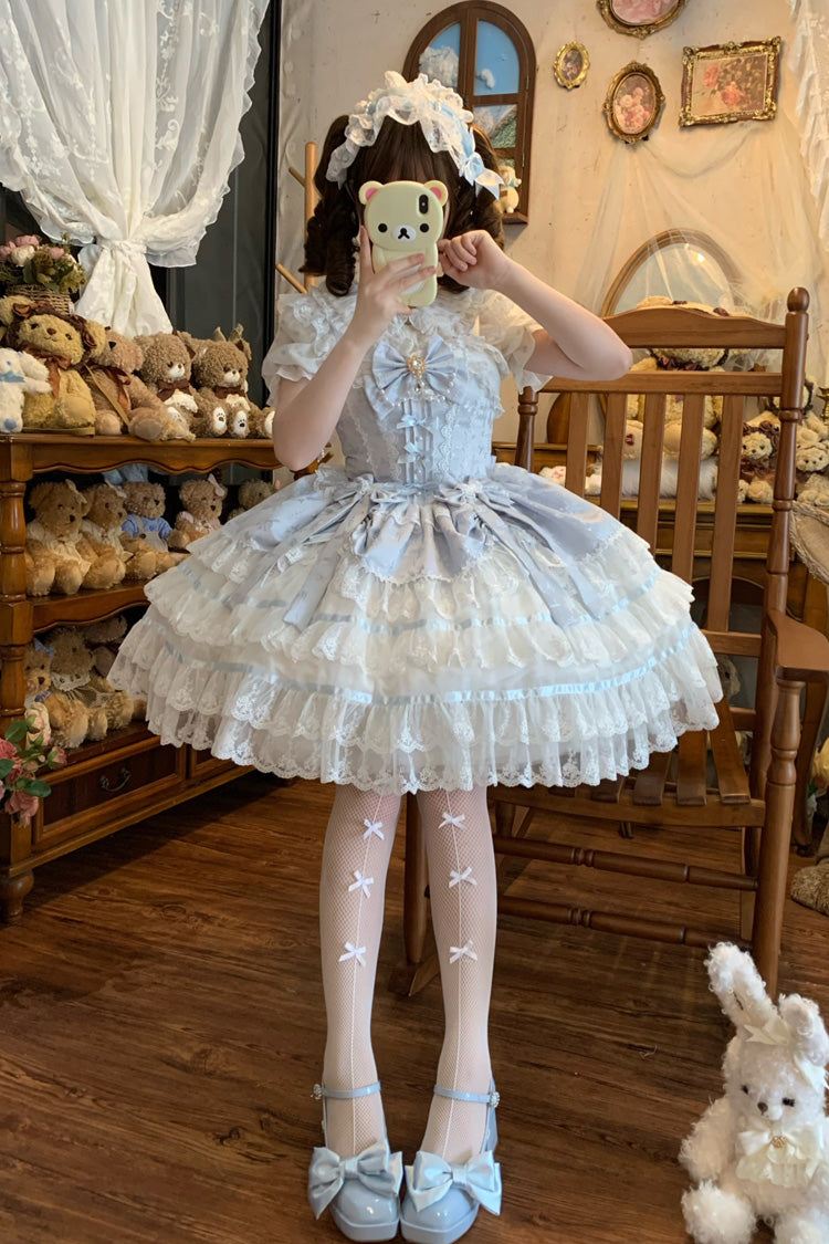 Blue [Snow Kissed Romance] Sleeveless High Waisted Multi-Layered Bowknot Lace Pearl Sweet Ballet Lolita Jsk Dress