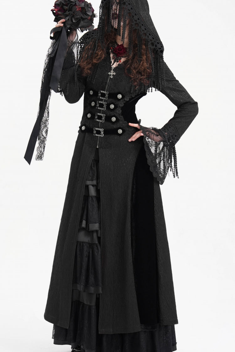 Black Buckle-up Tassels Hooded Women's Gothic Coat