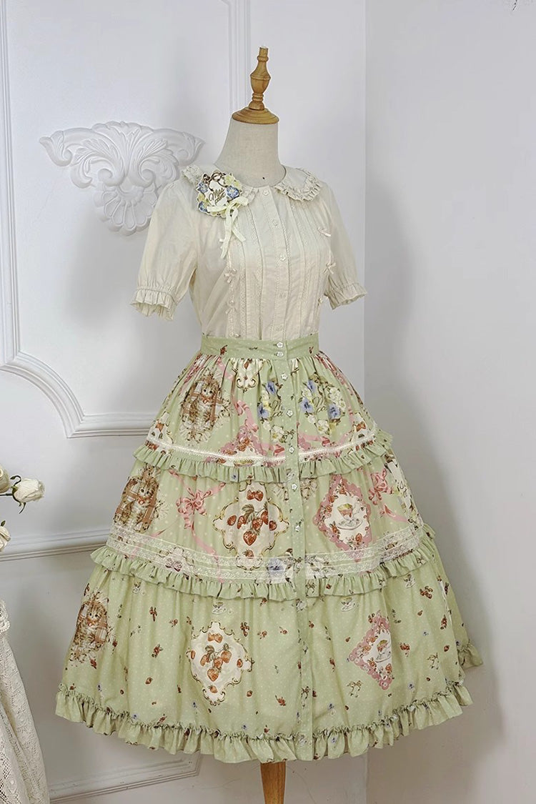 Jupe Lolita douce quotidienne à volants imprimée [Chat Rose Thé] verte 