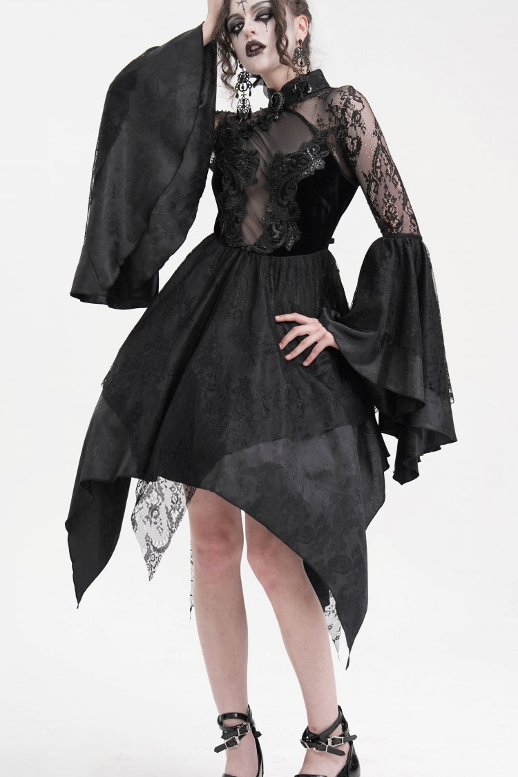 Schwarzes Gothic-Kleid mit langen Ärmeln, Stickerei, Spitze, Schnürung, unregelmäßigem transparentem Netzstoff für Damen