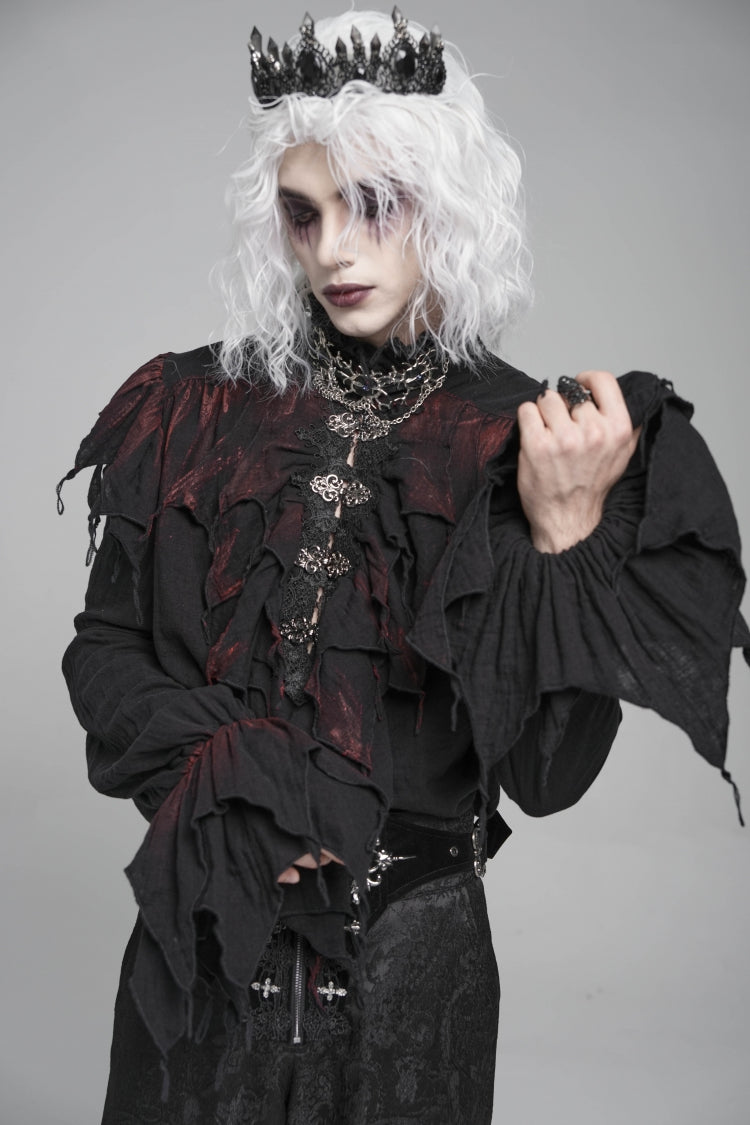 Black/Red Stand Collar Long Sleeves Ruffled Men's Gothic Plunging Shirt