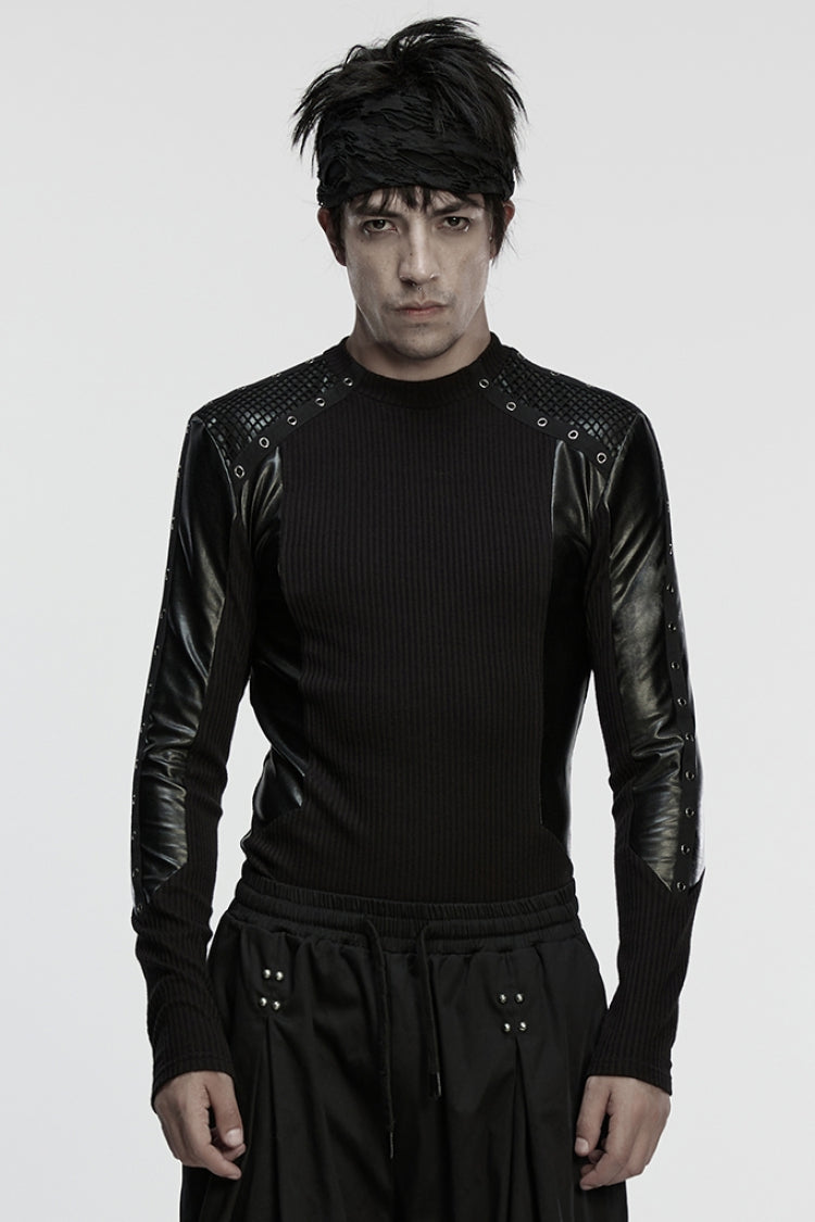 ブラック ラウンド カラー ロング スリーブ スプライス アイレット メンズ パンク T シャツ