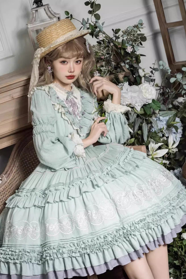 Green Long Sleeves Ruffle Embroidery Bowknot Sweet Plus Size Elegant Lolita Dress