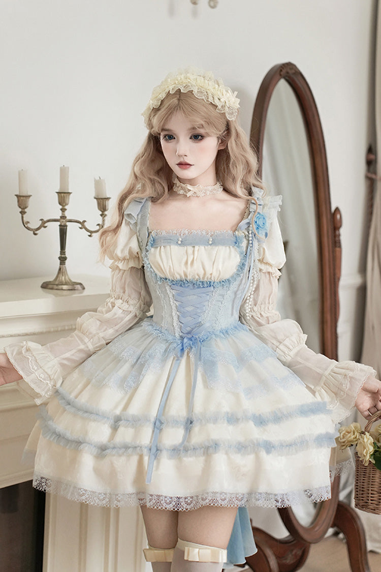 Ivory [Sea Salt Iced Tea] Square Collar Short Sleeves Ruffle Fishbone Sweet Lolita Short Dress