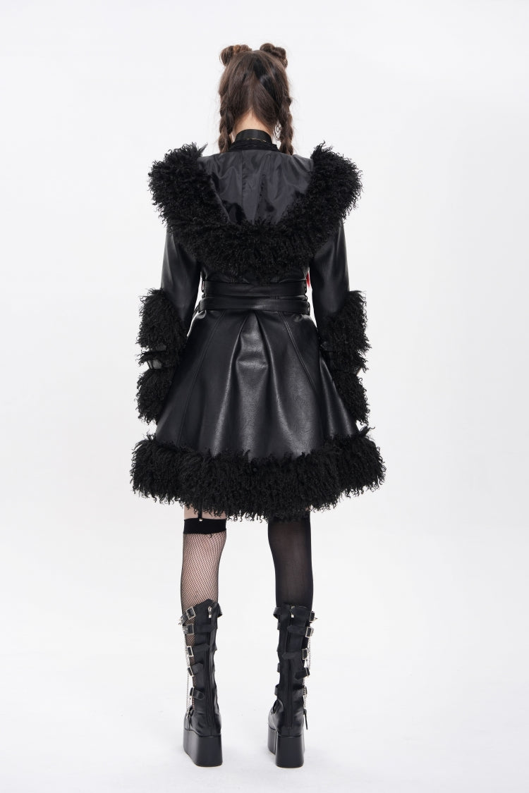 Black Long Sleeves Plush Stitching Buckle Hooded Straps Women's Punk Coat
