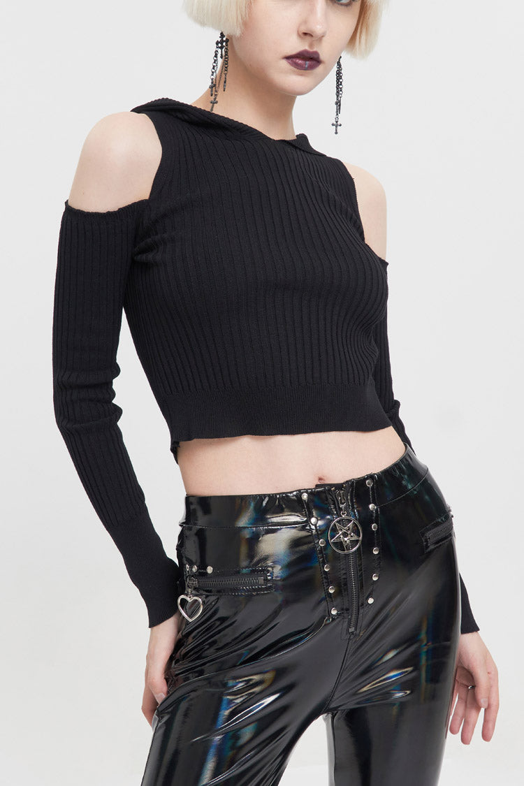 Black Hooded Off-The-Shoulder Back Cutout Rope String Upside Down Pentagram Wool Knit Long Sleeve Women's Punk Sweater