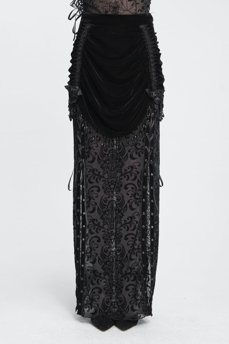 Jupe longue plissée à lacets en patchwork brodé noir pour femme