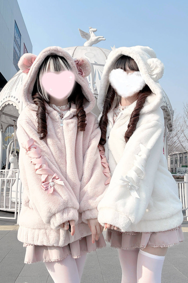 [Sleepy Bear Fluffy] クマ耳長袖リボンレースアップフード付きジッパー付き甘地雷系和装コート