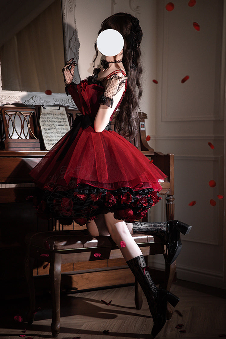 Robe Lolita Princesse Douce Sans Manches à Volants et Nœud Papillon [Bouquet de Nuit Éternelle] Rouge Vin 